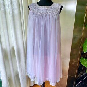 Vintage 1960s chiffon babydoll, pastel pink, nightgown, lace yoke, sleeveless